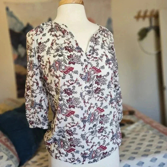Rose & Thyme Linen Peasant Blouse S | Boho White Floral Long Sleeve Top - Picture 5 of 10